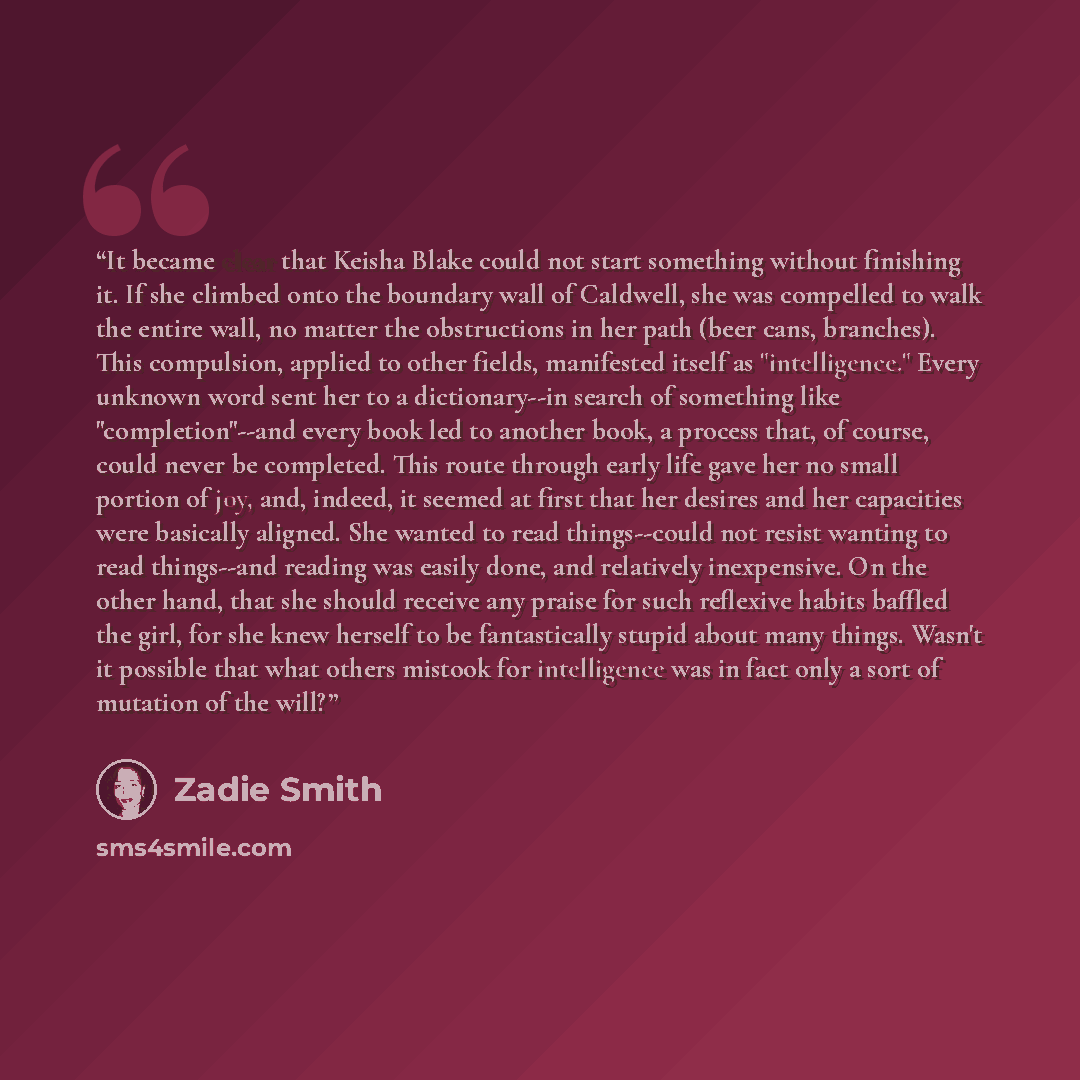 “It became clear that Keisha Blake could not start something without finishing it. If she climbed onto the boundary wall of Caldwell, she was compelled to walk the entire wall, no matter the obstructions in her path (beer cans, branches). This compulsion, applied to other fields, manifested itself…” quote by Zadie Smith