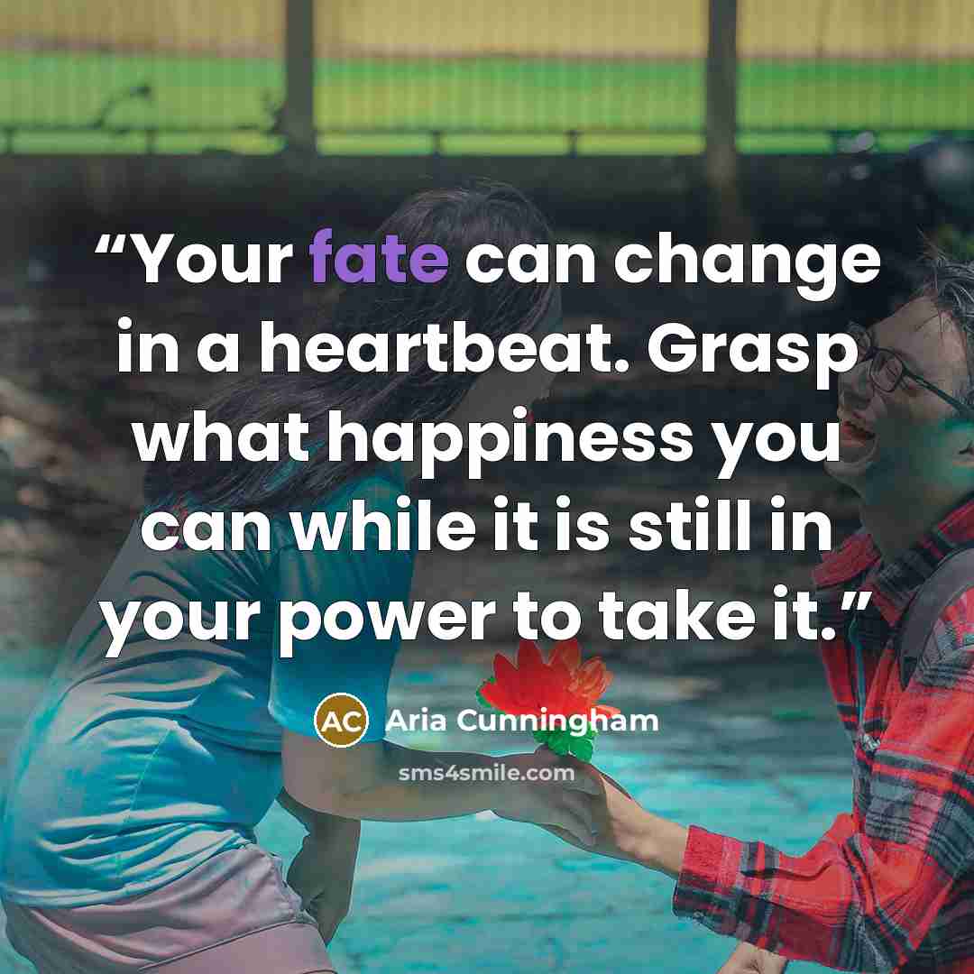 “Your fate can change in a heartbeat. Grasp what happiness you can while it is still in your power to take it.” quote by Aria Cunningham