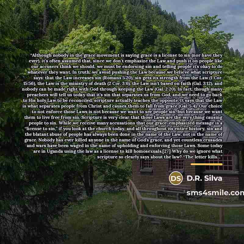 “Although nobody in the grace movement is saying grace is a license to sin (nor have they ever), it’s often assumed that, since we don’t emphasize the Law and push it on people like our accusers think we should, we must be endorsing sin and telling people it’s okay to do whatever they want. In…” quote by D.R. Silva