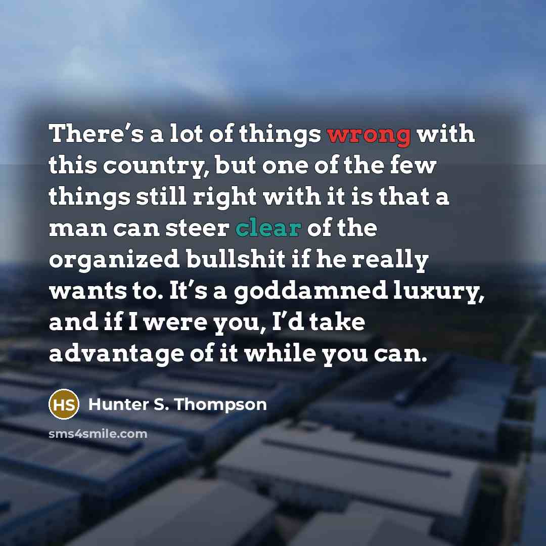 “There’s a lot of things wrong with this country, but one of the few things still right with it is that a man can steer clear of the organized bullshit if he really wants to. It’s a goddamned luxury, and if I were you, I’d take advantage of it while you can.” quote by Hunter S. Thompson