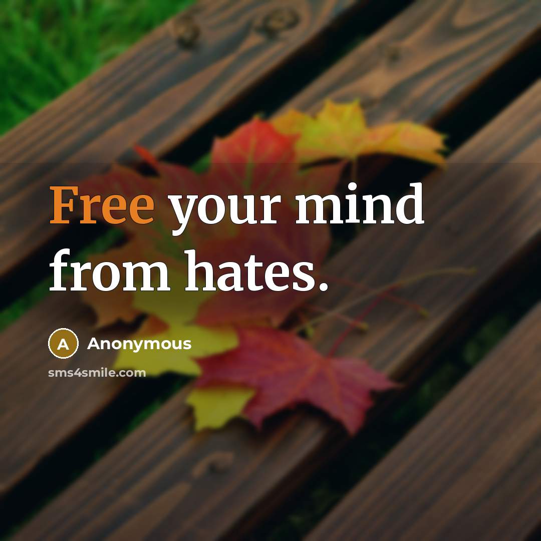 “Free your mind from hates.” quote by Anonymous