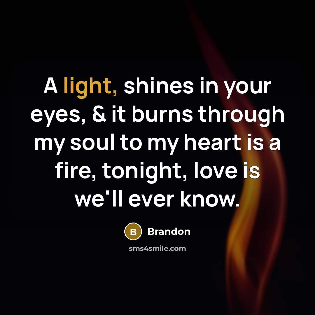 “A light, shines in your eyes, & it burns through my soul to my heart is a fire, tonight, love is we'll ever know.” quote by Brandon