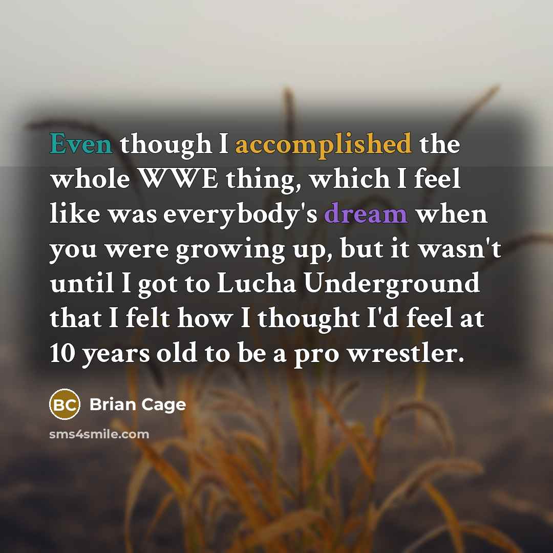 “Even though I accomplished the whole WWE thing, which I feel like was everybody's dream when you were growing up, but it wasn't until I got to Lucha Underground that I felt how I thought I'd feel at 10 years old to be a pro wrestler.” quote by Brian Cage