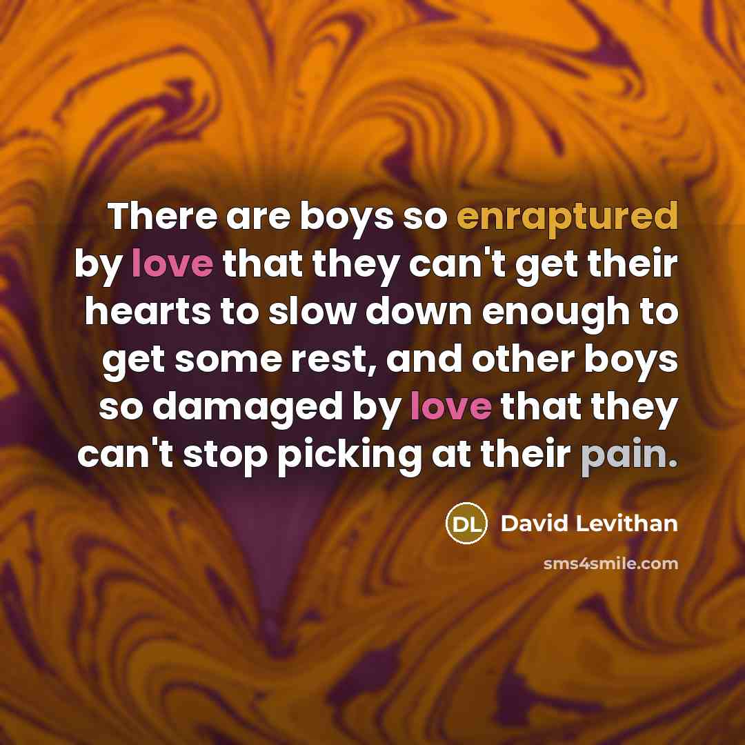 “There are boys so enraptured by love that they can't get their hearts to slow down enough to get some rest, and other boys so damaged by love that they can't stop picking at their pain.” quote by David Levithan