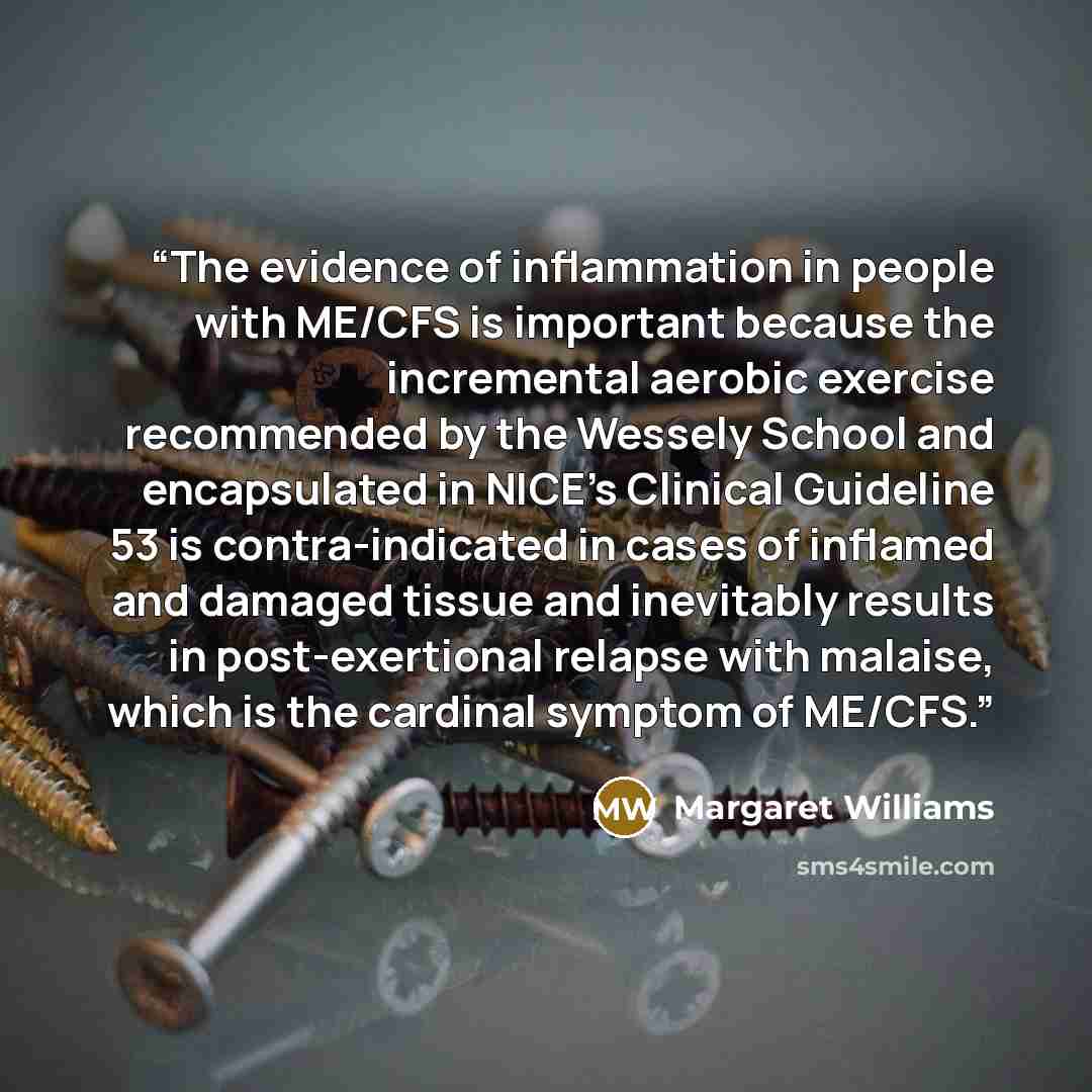 “The evidence of inflammation in people with ME/CFS is important because the incremental aerobic exercise recommended by the Wessely School and encapsulated in NICE’s Clinical Guideline 53 is contra-indicated in cases of inflamed and damaged tissue and inevitably results in post-exertional relapse…” quote by Margaret Williams