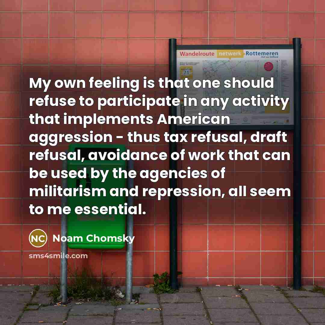 “My own feeling is that one should refuse to participate in any activity that implements American aggression - thus tax refusal, draft refusal, avoidance of work that can be used by the agencies of militarism and repression, all seem to me essential.” quote by Noam Chomsky