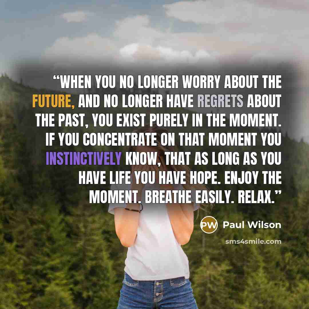 “When you no longer worry about the future, and no longer have regrets about the past, you exist purely in the moment. If you concentrate on that moment you instinctively know, that as long as you have life you have hope. Enjoy the moment. Breathe easily. Relax.” quote by Paul Wilson