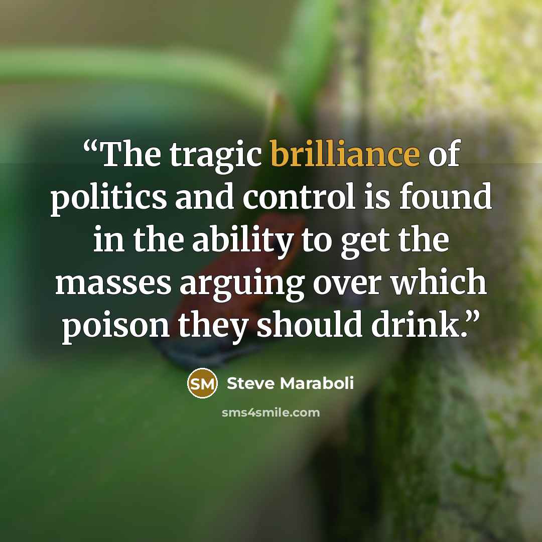 “The tragic brilliance of politics and control is found in the ability to get the masses arguing over which poison they should drink.” quote by Steve Maraboli