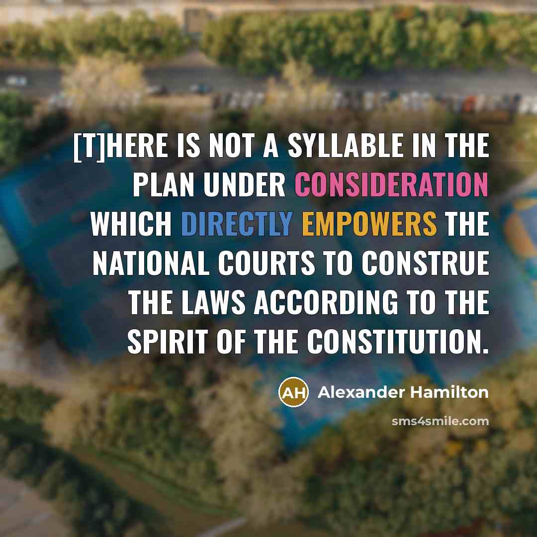 “[T]here is not a syllable in the plan under consideration which directly empowers the national courts to construe the laws according to the spirit of the Constitution.” quote by Alexander Hamilton