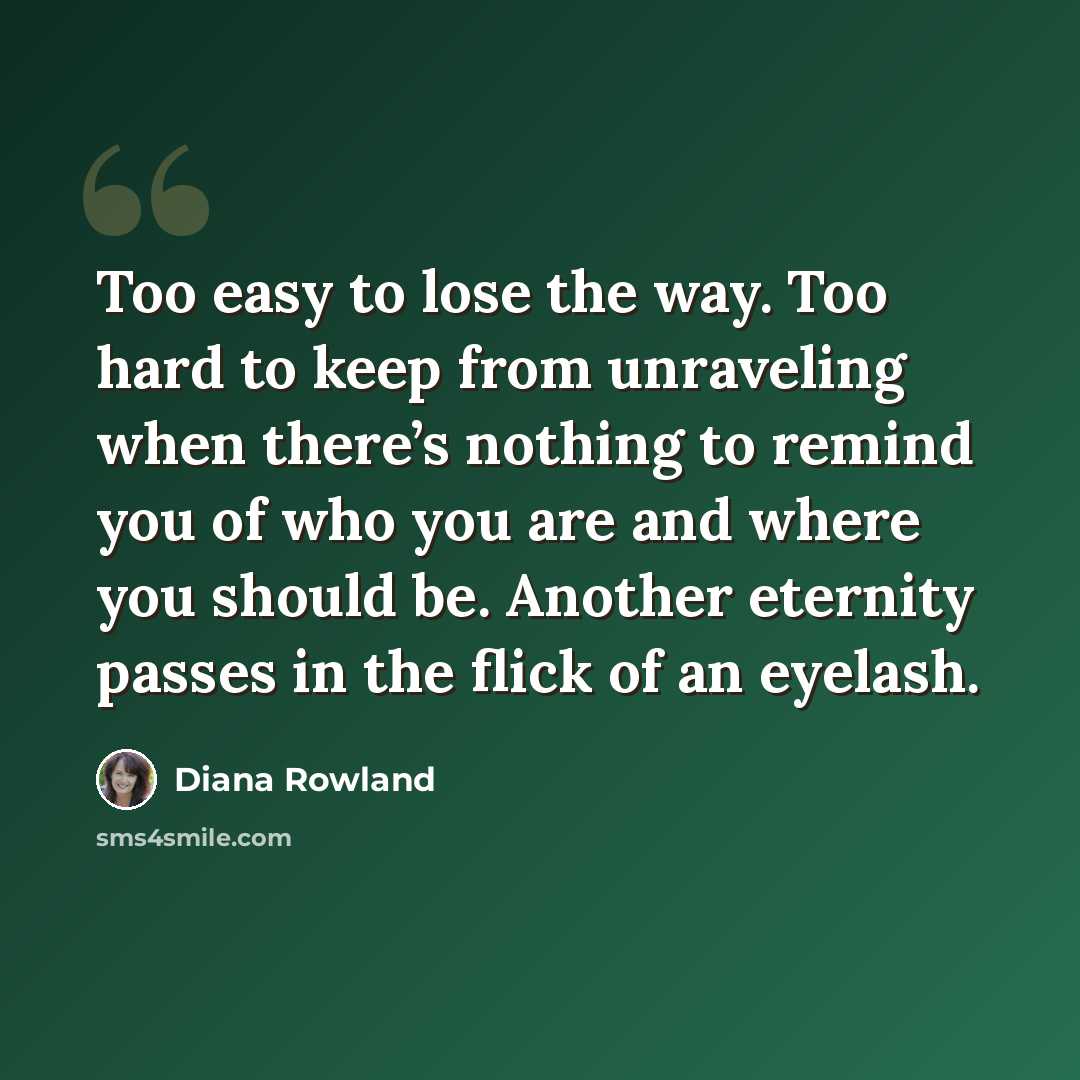 “Too easy to lose the way. Too hard to keep from unraveling when there’s nothing to remind you of who you are and where you should be. Another eternity passes in the flick of an eyelash.” quote by Diana Rowland