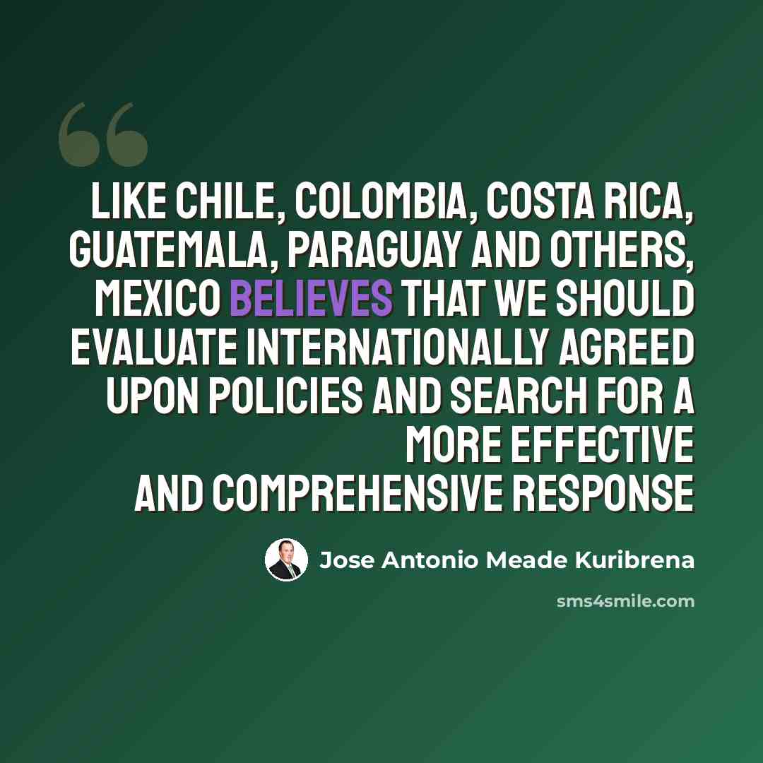 “Like Chile, Colombia, Costa Rica, Guatemala, Paraguay and others, Mexico believes that we should evaluate internationally agreed upon policies and search for a more effective and comprehensive response” quote by Jose Antonio Meade Kuribrena