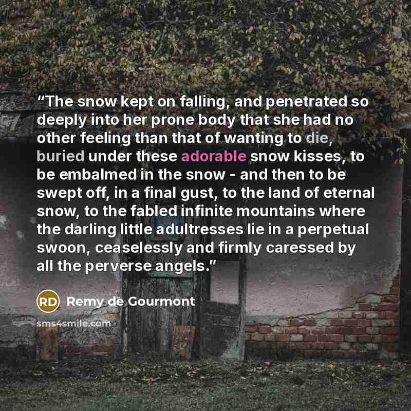 “The snow kept on falling, and penetrated so deeply into her prone body that she had no other feeling than that of wanting to die, buried under these adorable snow kisses, to be embalmed in the snow - and then to be swept off, in a final gust, to the land of eternal snow, to the fabled infinite…” quote by Remy de Gourmont