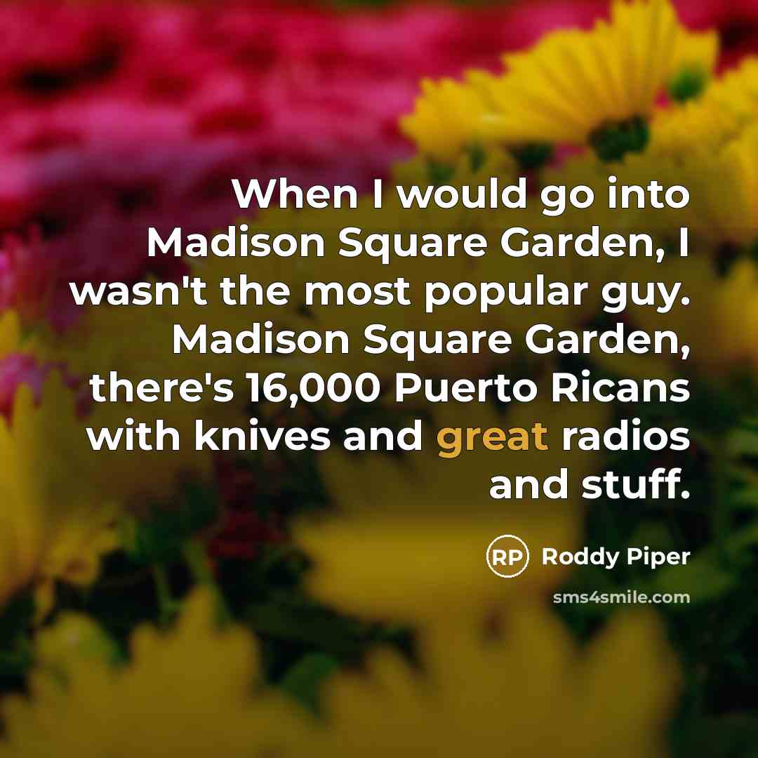 “When I would go into Madison Square Garden, I wasn't the most popular guy. Madison Square Garden, there's 16,000 Puerto Ricans with knives and great radios and stuff.” quote by Roddy Piper
