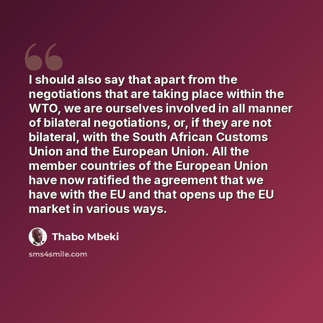 “I should also say that apart from the negotiations that are taking place within the WTO, we are ourselves involved in all manner of bilateral negotiations, or, if they are not bilateral, with the South African Customs Union and the European Union. All the member countries of the European Union…” quote by Thabo Mbeki