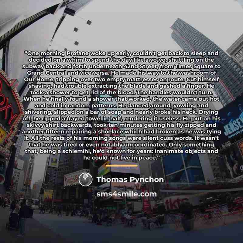 “One morning Profane woke up early, couldn't get back to sleep and decided on a whim to spend the day like a yo-yo, shuttling on the subway back and forth underneath 42nd Street, from Times Square to Grand Central and vice versa. He made his way to the washroom of Our Home, tripping over two empty…” quote by Thomas Pynchon