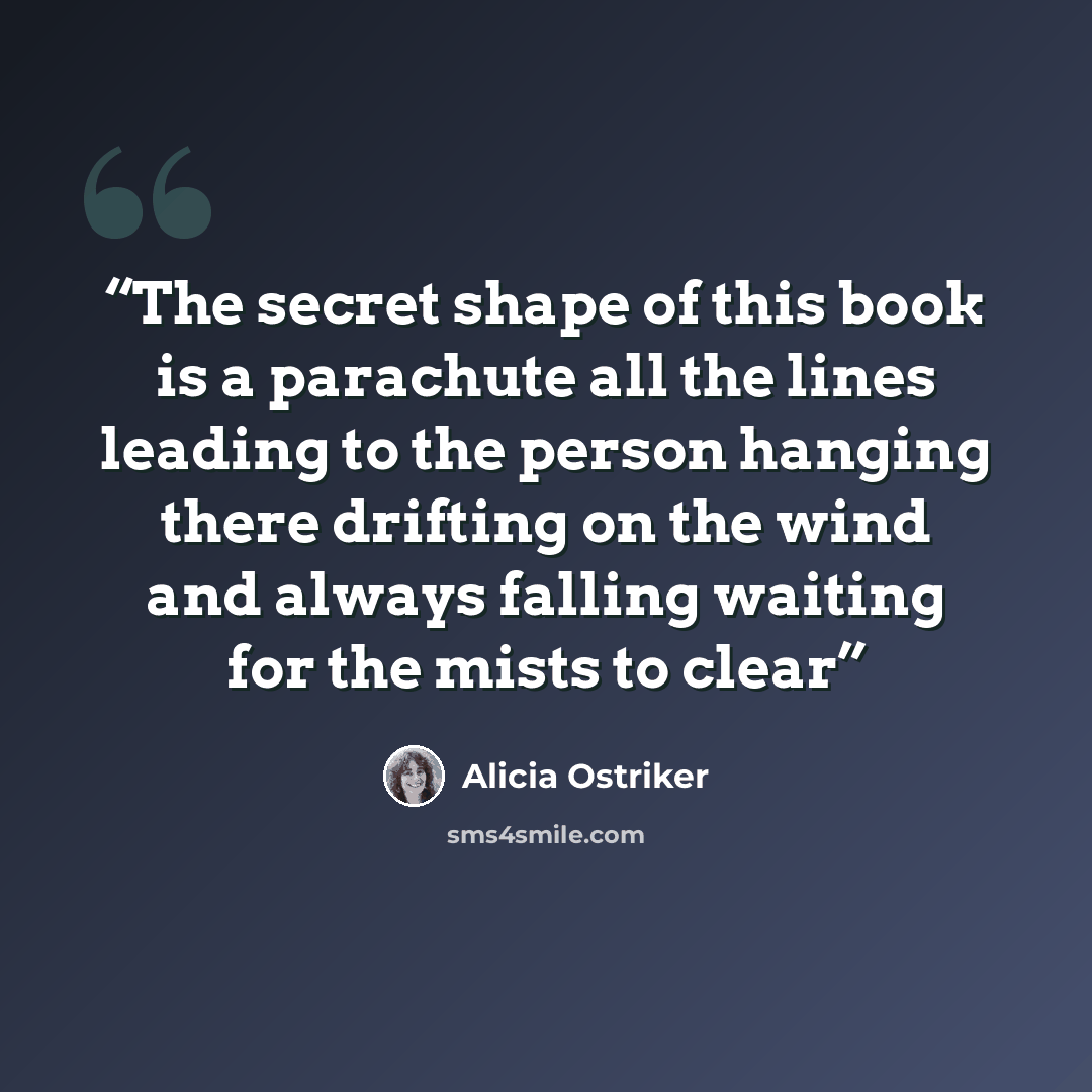 “The secret shape of this book is a parachute all the lines leading to the person hanging there drifting on the wind and always falling waiting for the mists to clear” quote by Alicia Ostriker