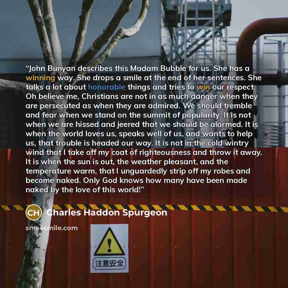 “John Bunyan describes this Madam Bubble for us. She has a winning way. She drops a smile at the end of her sentences. She talks a lot about honorable things and tries to win our respect. Oh believe me, Christians are not in as much danger when they are persecuted as when they are admired. We…” quote by Charles Haddon Spurgeon