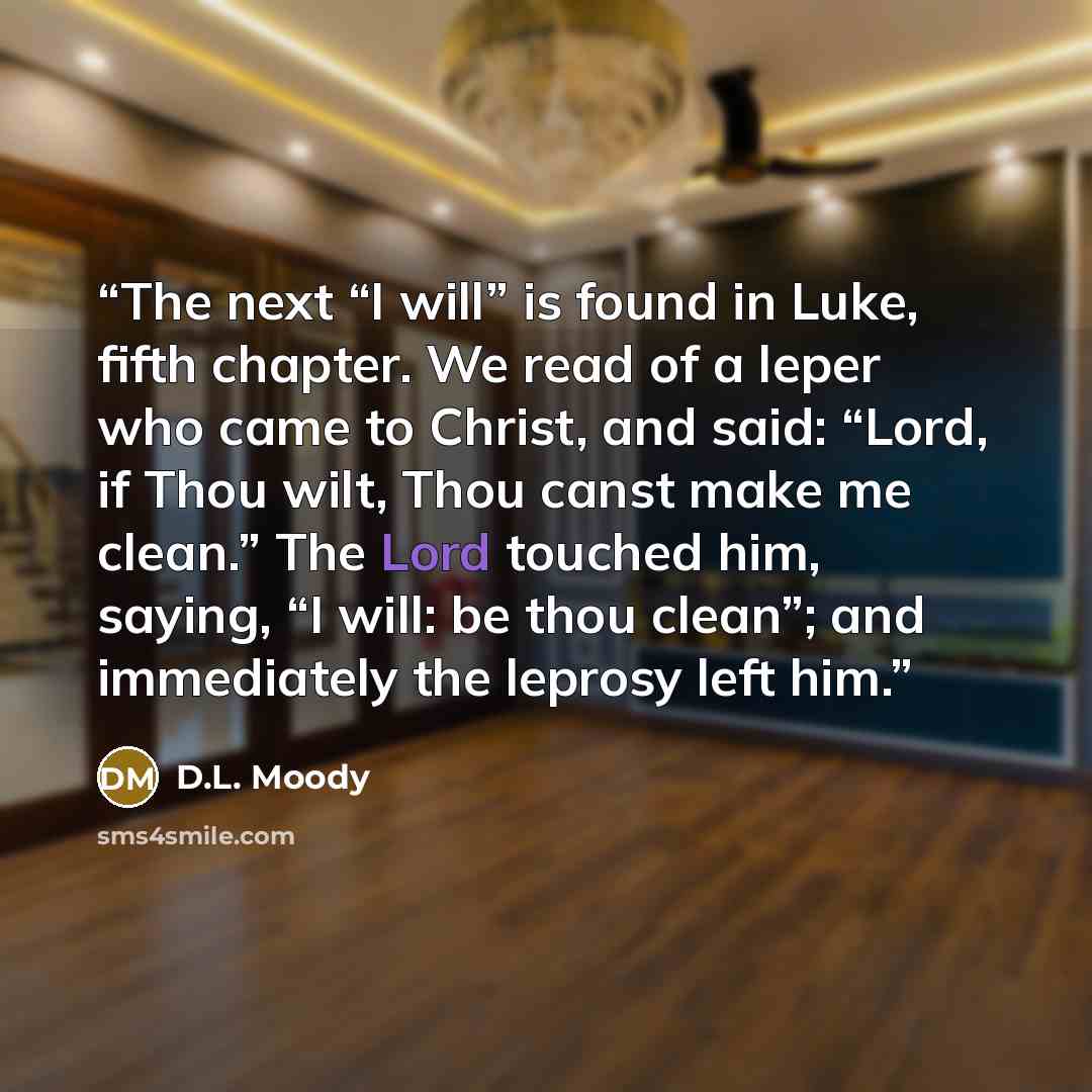 “The next “I will” is found in Luke, fifth chapter. We read of a leper who came to Christ, and said: “Lord, if Thou wilt, Thou canst make me clean.” The Lord touched him, saying, “I will: be thou clean”; and immediately the leprosy left him.” quote by D.L. Moody