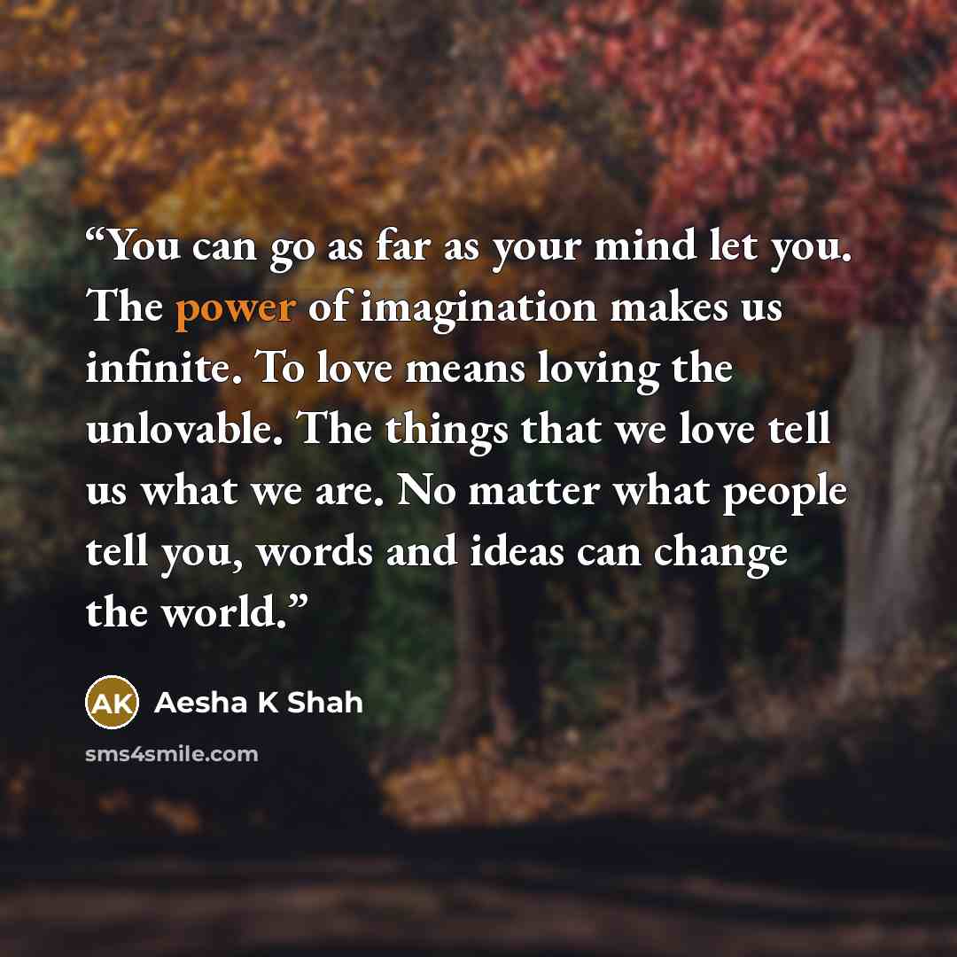 “You can go as far as your mind let you. The power of imagination makes us infinite. To love means loving the unlovable. The things that we love tell us what we are. No matter what people tell you, words and ideas can change the world.” quote by Aesha K Shah