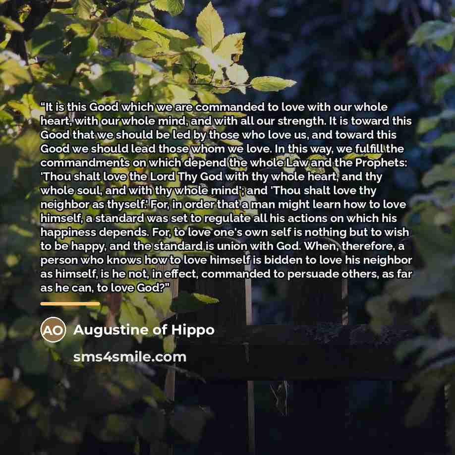 “It is this Good which we are commanded to love with our whole heart, with our whole mind, and with all our strength. It is toward this Good that we should be led by those who love us, and toward this Good we should lead those whom we love. In this way, we fulfill the commandments on which depend…” quote by Augustine of Hippo