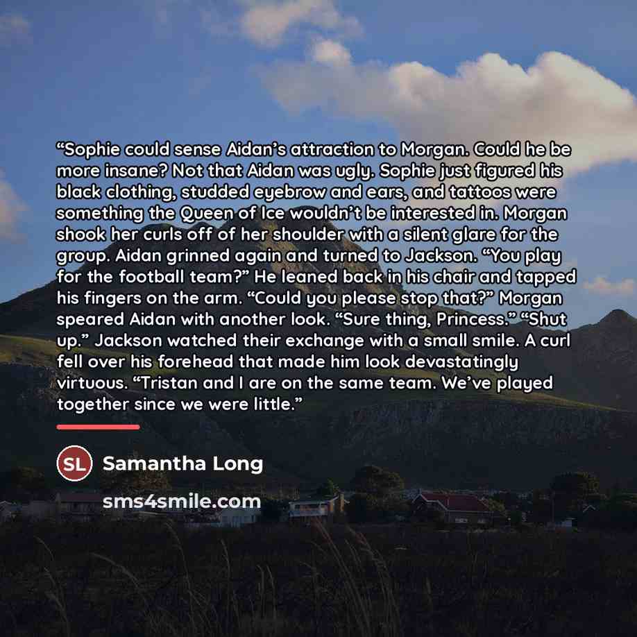 “Sophie could sense Aidan’s attraction to Morgan. Could he be more insane? Not that Aidan was ugly. Sophie just figured his black clothing, studded eyebrow and ears, and tattoos were something the Queen of Ice wouldn’t be interested in. Morgan shook her curls off of her shoulder with a silent glare…” quote by Samantha Long