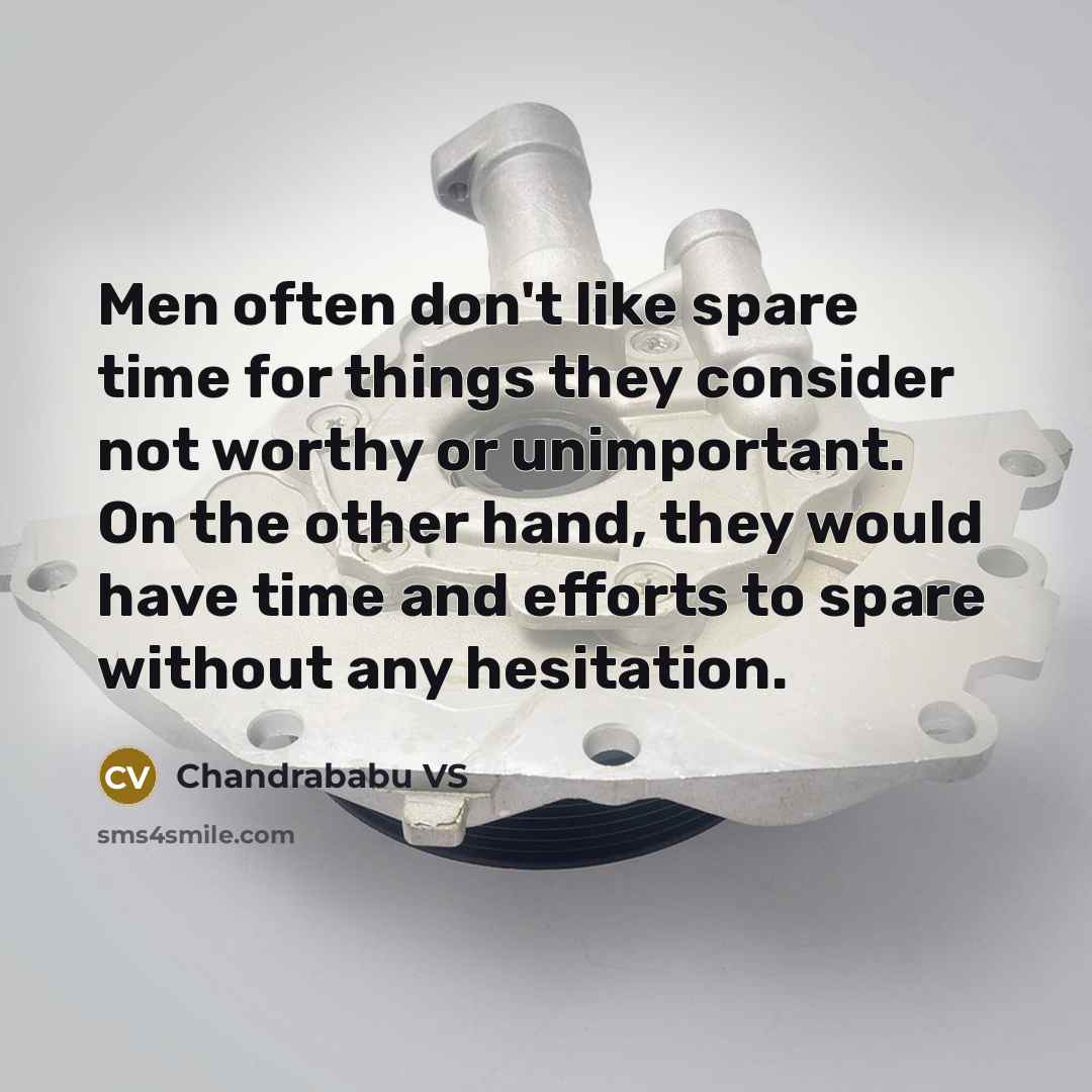 “Men often don't like spare time for things they consider not worthy or unimportant. On the other hand, they would have time and efforts to spare without any hesitation.” quote by Chandrababu VS