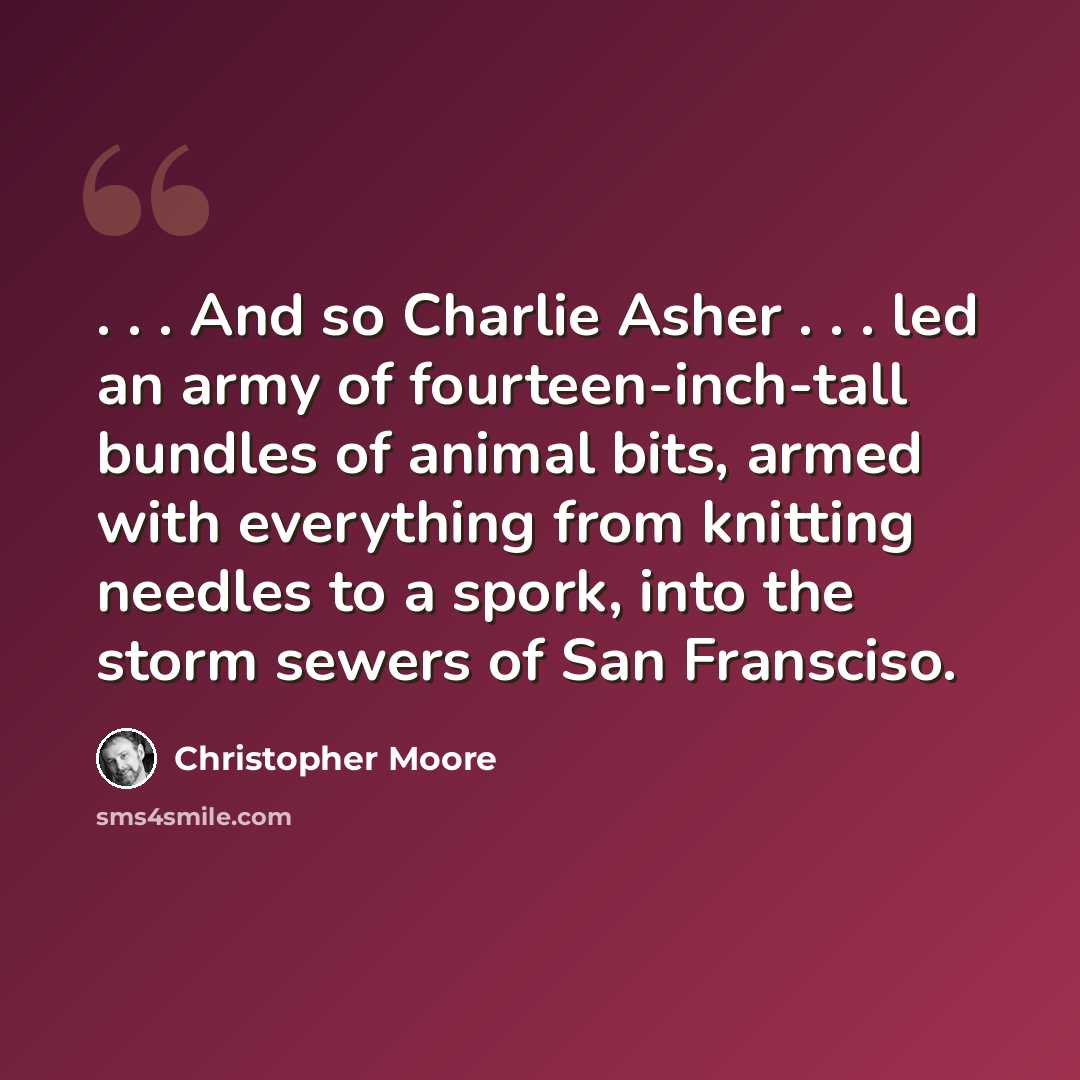 “. . . And so Charlie Asher . . . led an army of fourteen-inch-tall bundles of animal bits, armed with everything from knitting needles to a spork, into the storm sewers of San Fransciso.” quote by Christopher Moore