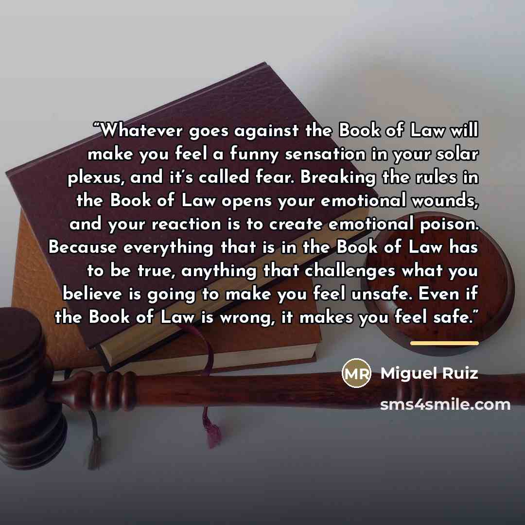 “Whatever goes against the Book of Law will make you feel a funny sensation in your solar plexus, and it’s called fear. Breaking the rules in the Book of Law opens your emotional wounds, and your reaction is to create emotional poison. Because everything that is in the Book of Law has to be true…” quote by Miguel Ruiz