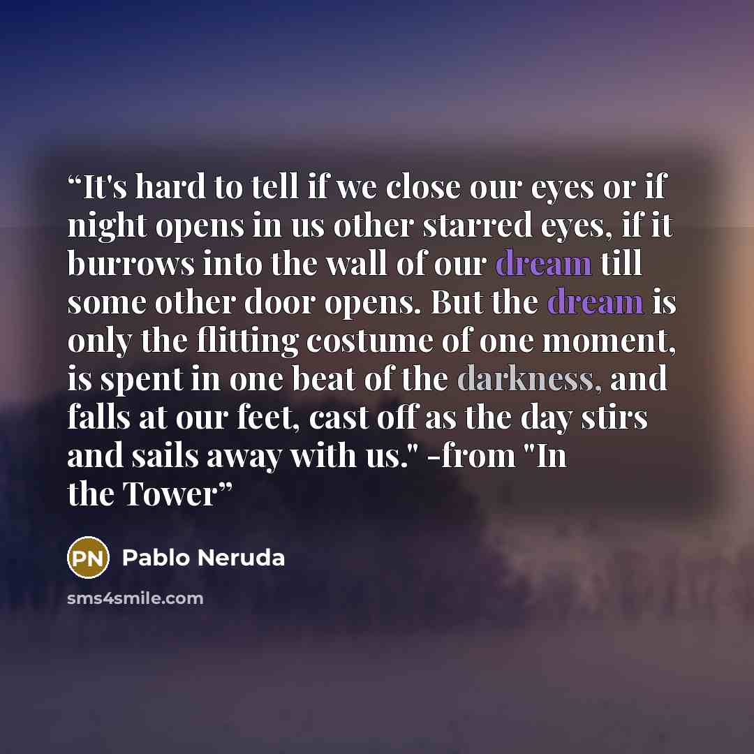 “It's hard to tell if we close our eyes or if night opens in us other starred eyes, if it burrows into the wall of our dream till some other door opens. But the dream is only the flitting costume of one moment, is spent in one beat of the darkness, and falls at our feet, cast off as the day stirs…” quote by Pablo Neruda