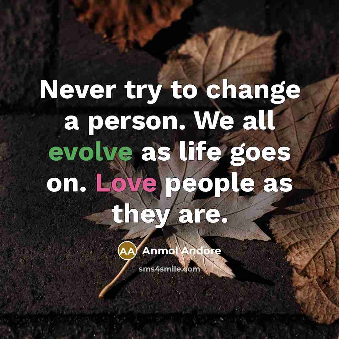 “Never try to change a person. We all evolve as life goes on. Love people as they are.” quote by Anmol Andore