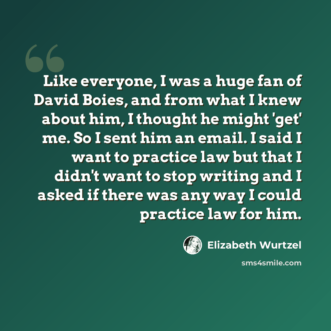 “Like everyone, I was a huge fan of David Boies, and from what I knew about him, I thought he might 'get' me. So I sent him an email. I said I want to practice law but that I didn't want to stop writing and I asked if there was any way I could practice law for him.” quote by Elizabeth Wurtzel