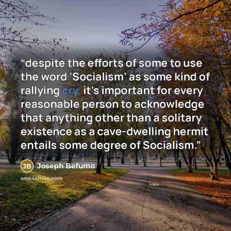 “despite the efforts of some to use the word ‘Socialism’ as some kind of rallying cry, it’s important for every reasonable person to acknowledge that anything other than a solitary existence as a cave-dwelling hermit entails some degree of Socialism.” quote by Joseph Befumo