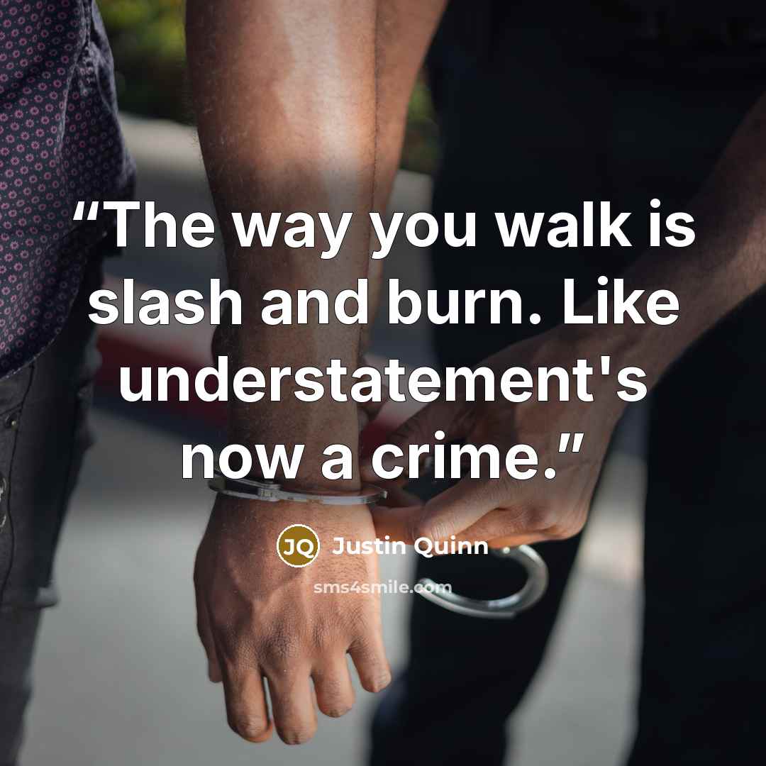 “The way you walk is slash and burn. Like understatement's now a crime.” quote by Justin Quinn