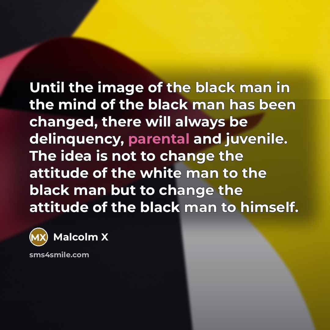 “Until the image of the black man in the mind of the black man has been changed, there will always be delinquency, parental and juvenile. The idea is not to change the attitude of the white man to the black man but to change the attitude of the black man to himself.” quote by Malcolm X