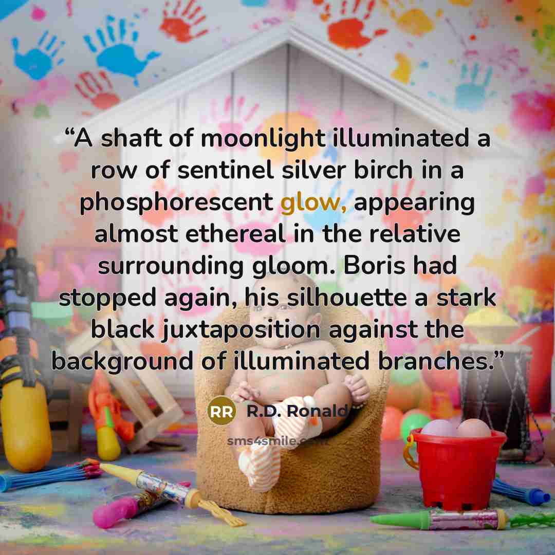 “A shaft of moonlight illuminated a row of sentinel silver birch in a phosphorescent glow, appearing almost ethereal in the relative surrounding gloom. Boris had stopped again, his silhouette a stark black juxtaposition against the background of illuminated branches.” quote by R.D. Ronald