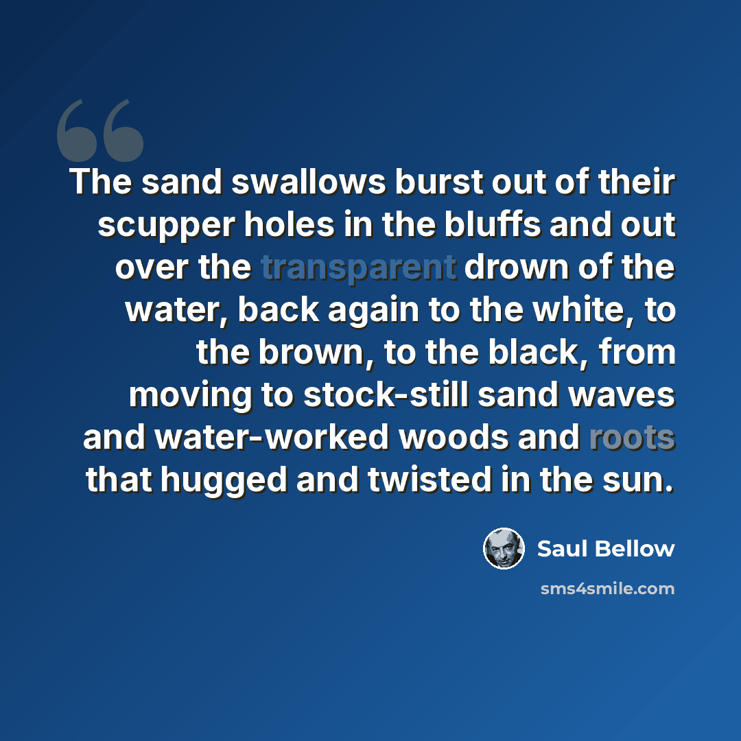 “The sand swallows burst out of their scupper holes in the bluffs and out over the transparent drown of the water, back again to the white, to the brown, to the black, from moving to stock-still sand waves and water-worked woods and roots that hugged and twisted in the sun.” quote by Saul Bellow