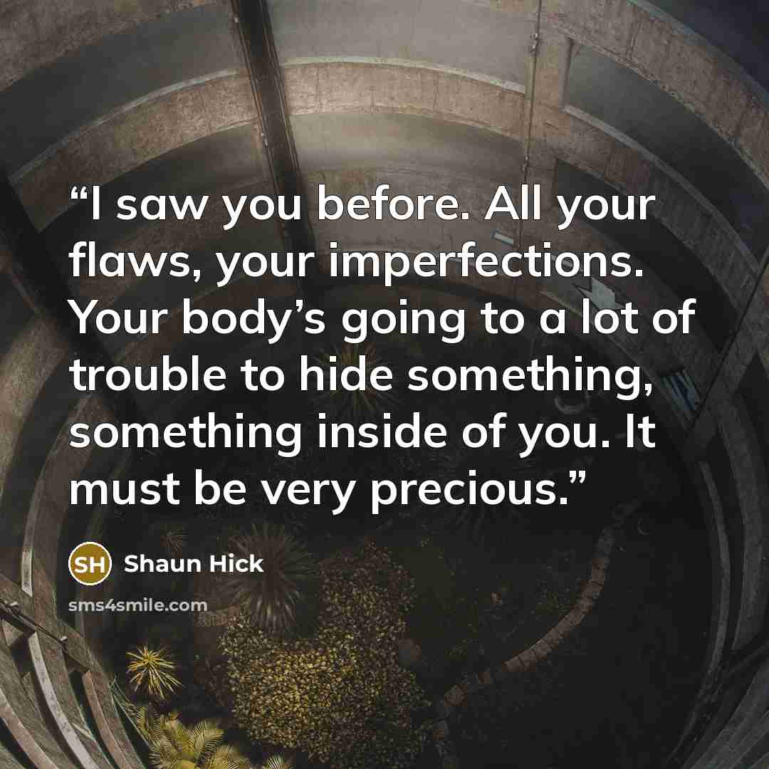 “I saw you before. All your flaws, your imperfections. Your body’s going to a lot of trouble to hide something, something inside of you. It must be very precious.” quote by Shaun Hick