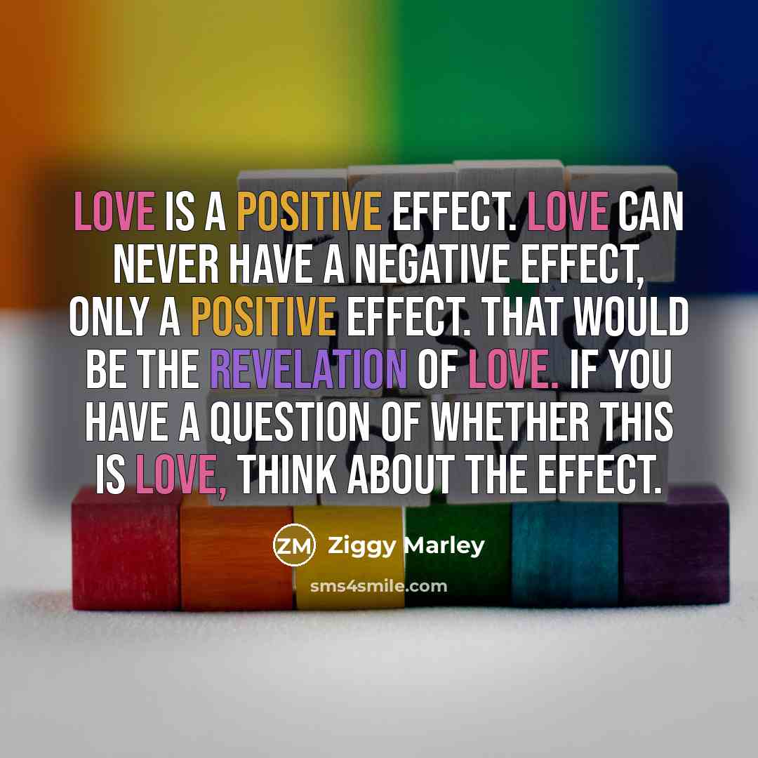 “Love is a positive effect. Love can never have a negative effect, only a positive effect. That would be the revelation of love. If you have a question of whether this is love, think about the effect.” quote by Ziggy Marley