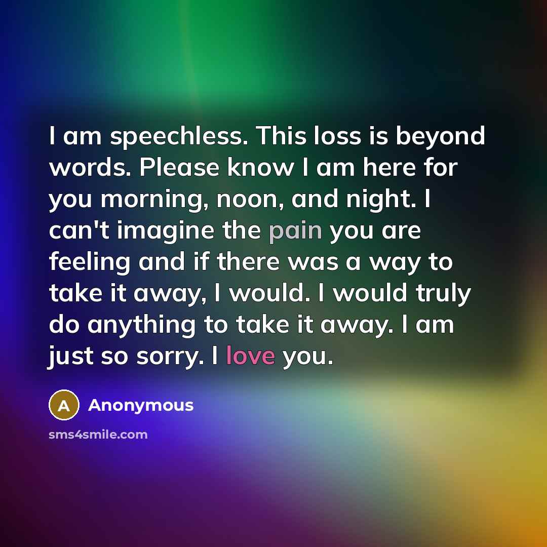 “I am speechless. This loss is beyond words. Please know I am here for you morning, noon, and night. I can't imagine the pain you are feeling and if there was a way to take it away, I would. I would truly do anything to take it away. I am just so sorry. I love you.” quote by Anonymous