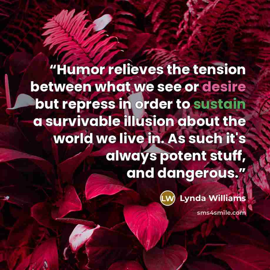 “Humor relieves the tension between what we see or desire but repress in order to sustain a survivable illusion about the world we live in. As such it's always potent stuff, and dangerous.” quote by Lynda Williams