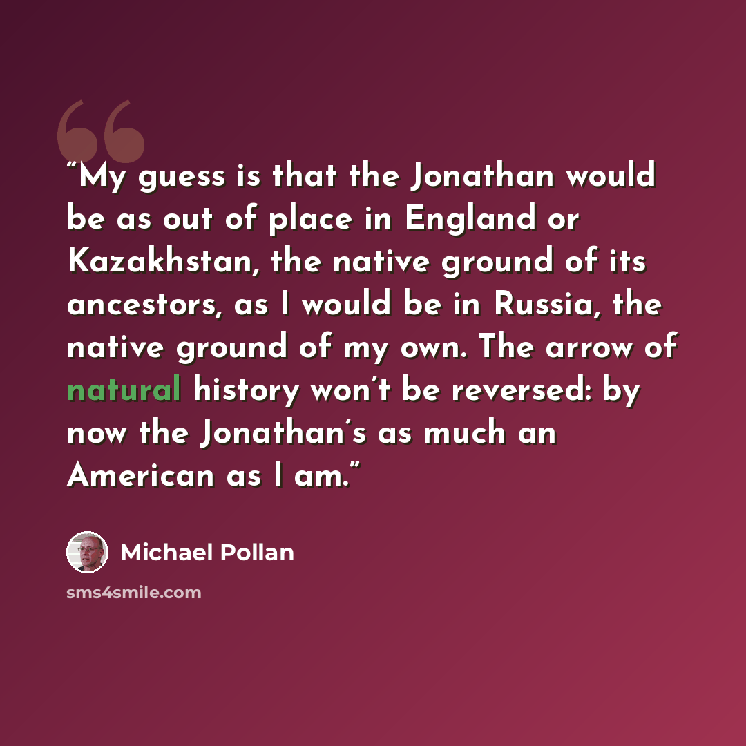 “My guess is that the Jonathan would be as out of place in England or Kazakhstan, the native ground of its ancestors, as I would be in Russia, the native ground of my own. The arrow of natural history won’t be reversed: by now the Jonathan’s as much an American as I am.” quote by Michael Pollan