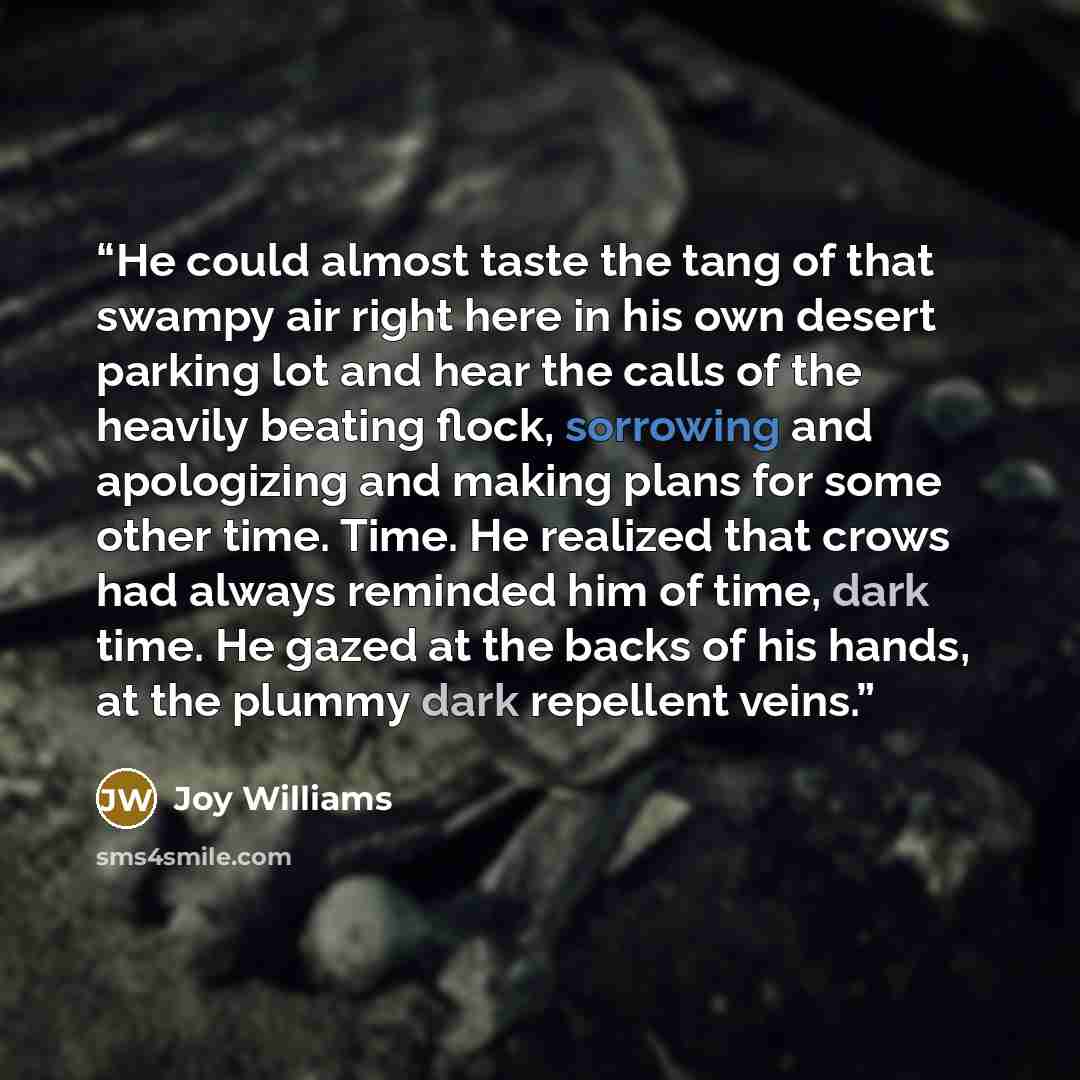 “He could almost taste the tang of that swampy air right here in his own desert parking lot and hear the calls of the heavily beating flock, sorrowing and apologizing and making plans for some other time. Time. He realized that crows had always reminded him of time, dark time. He gazed at the backs…” quote by Joy Williams