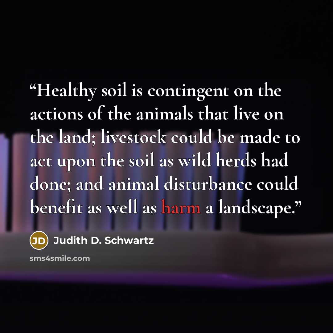“Healthy soil is contingent on the actions of the animals that live on the land; livestock could be made to act upon the soil as wild herds had done; and animal disturbance could benefit as well as harm a landscape.” quote by Judith D. Schwartz