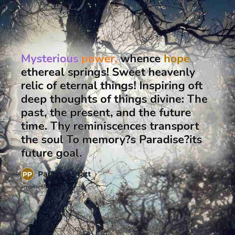 “Mysterious power, whence hope ethereal springs! Sweet heavenly relic of eternal things! Inspiring oft deep thoughts of things divine: The past, the present, and the future time. Thy reminiscences transport the soul To memory?s Paradise?its future goal.” quote by Parley P. Pratt