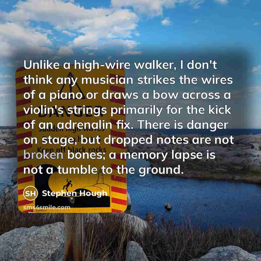 “Unlike a high-wire walker, I don't think any musician strikes the wires of a piano or draws a bow across a violin's strings primarily for the kick of an adrenalin fix. There is danger on stage, but dropped notes are not broken bones; a memory lapse is not a tumble to the ground.” quote by Stephen Hough