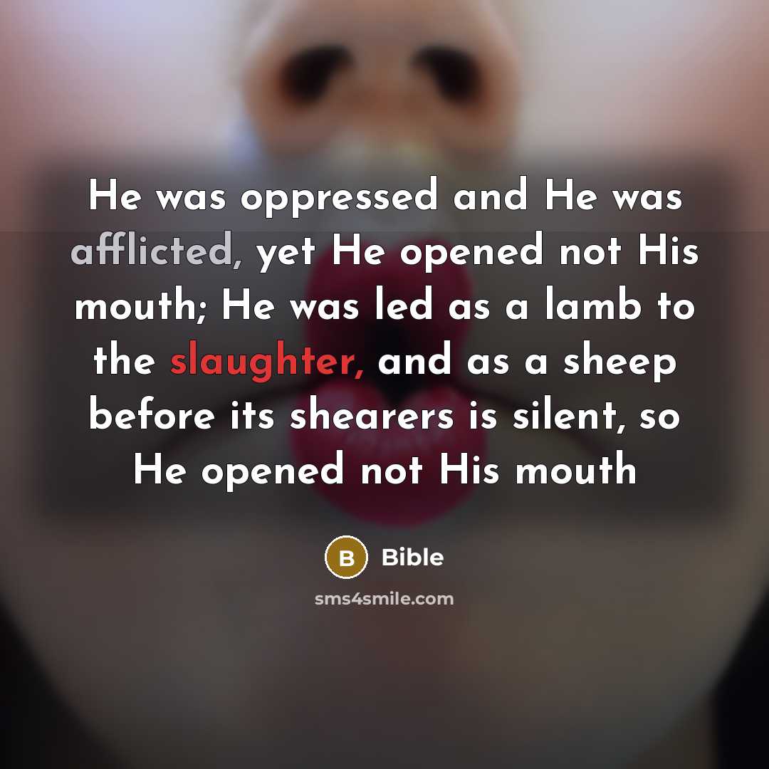 “He was oppressed and He was afflicted, yet He opened not His mouth; He was led as a lamb to the slaughter, and as a sheep before its shearers is silent, so He opened not His mouth” quote by Bible