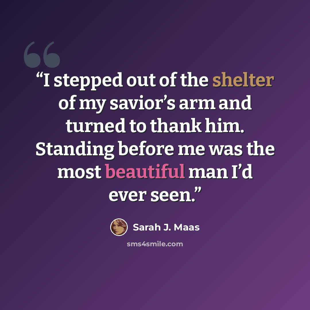 “I stepped out of the shelter of my savior’s arm and turned to thank him. Standing before me was the most beautiful man I’d ever seen.” quote by Sarah J. Maas
