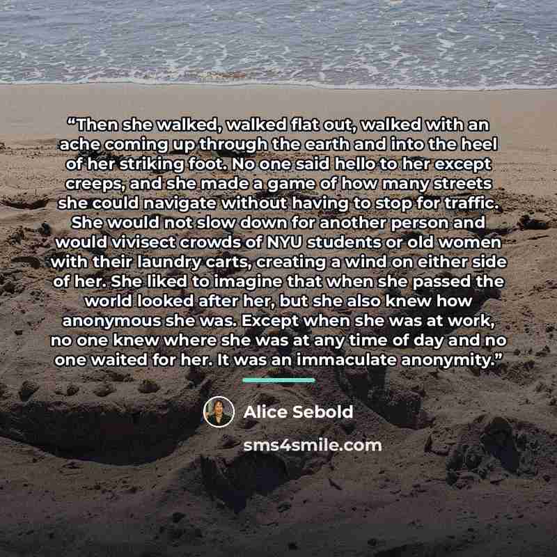“Then she walked, walked flat out, walked with an ache coming up through the earth and into the heel of her striking foot. No one said hello to her except creeps, and she made a game of how many streets she could navigate without having to stop for traffic. She would not slow down for another…” quote by Alice Sebold