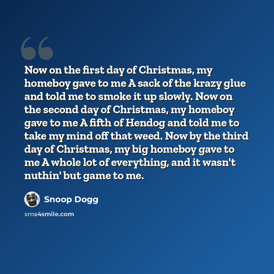“Now on the first day of Christmas, my homeboy gave to me A sack of the krazy glue and told me to smoke it up slowly. Now on the second day of Christmas, my homeboy gave to me A fifth of Hendog and told me to take my mind off that weed. Now by the third day of Christmas, my big homeboy gave to me A…” quote by Snoop Dogg