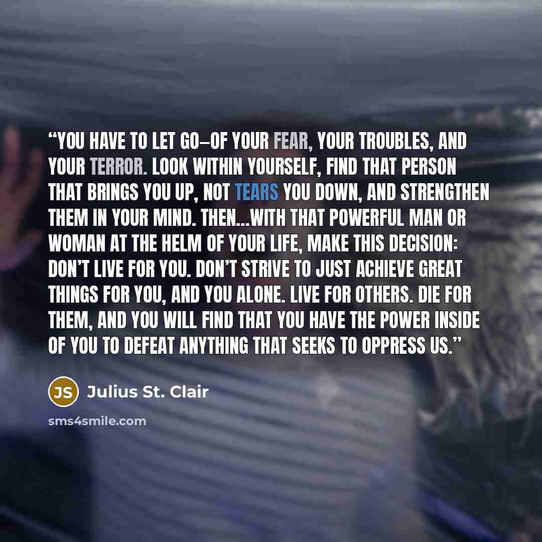 “you have to let go—of your fear, your troubles, and your terror. Look within yourself, find that person that brings you up, not tears you down, and strengthen them in your mind. Then…with that powerful man or woman at the helm of your life, make this decision: don’t live for you. Don’t strive to…” quote by Julius St. Clair